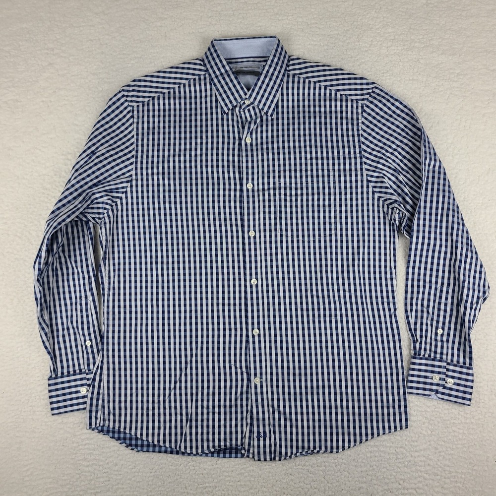 Johnston Murphy Shirt Mens Large Blue Check Plaid Tailored Fit Dress Button‎ Up